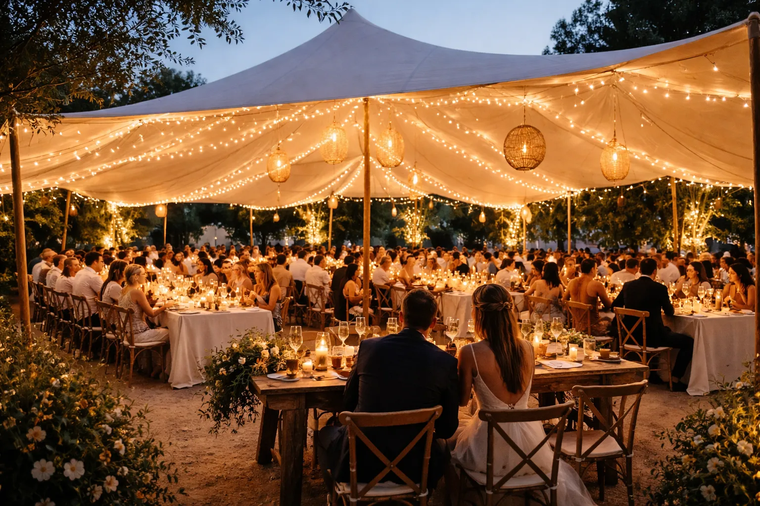 Wedding celebration under a Pop Pro Tents stretch tent